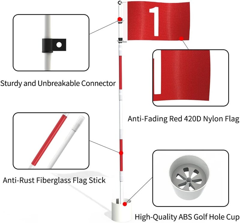 THIODOON Golf Flagstick 6ft Golf Flag and Cup for Yard Pro Detachable Golf Hole Cup and Flag for Driving Range Backyard Upgrade Anti-Rust Glass Fiber 5-Section Design with Connectors - Image 1